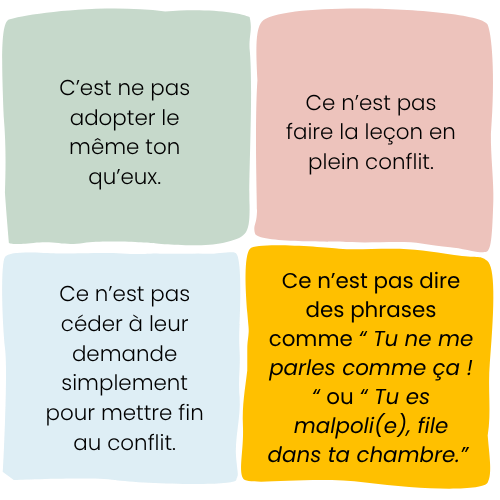 Liste visuelle de réponses apaisées que les parents peuvent choisir pour éviter d’alimenter les rapports de force avec leurs enfants