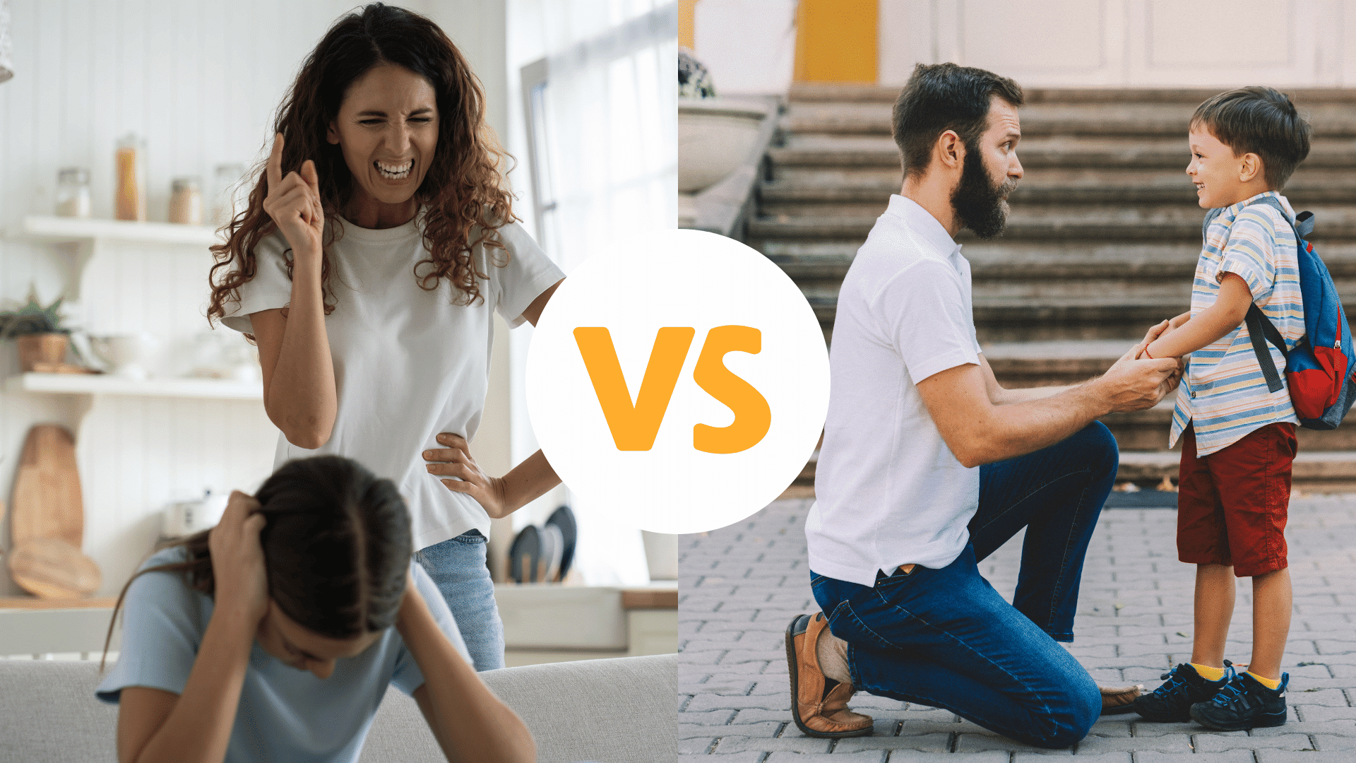 A two-panel image. On the left, a frustrated parent yells at a child who is cowering. On the right, a parent is kneeling calmly to speak with a child, creating a sense of connection.